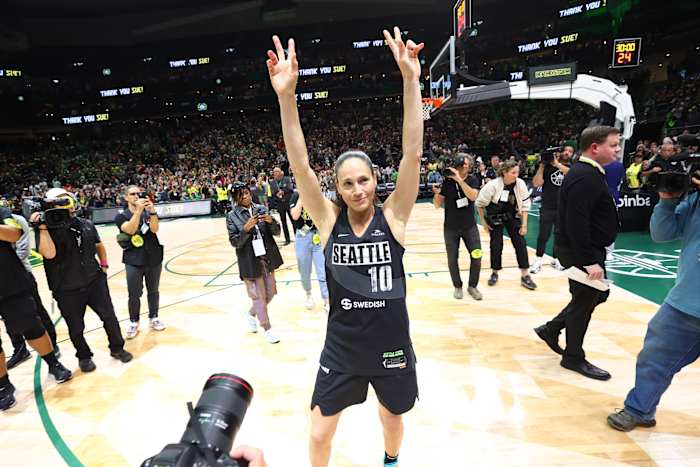 Sue Bird #10 of the Seattle Storm gives a farewell at the end of the game against the Las Vegas Aces on September 6, 2022 at Climate Pledge Arena in Seattle, Washington.